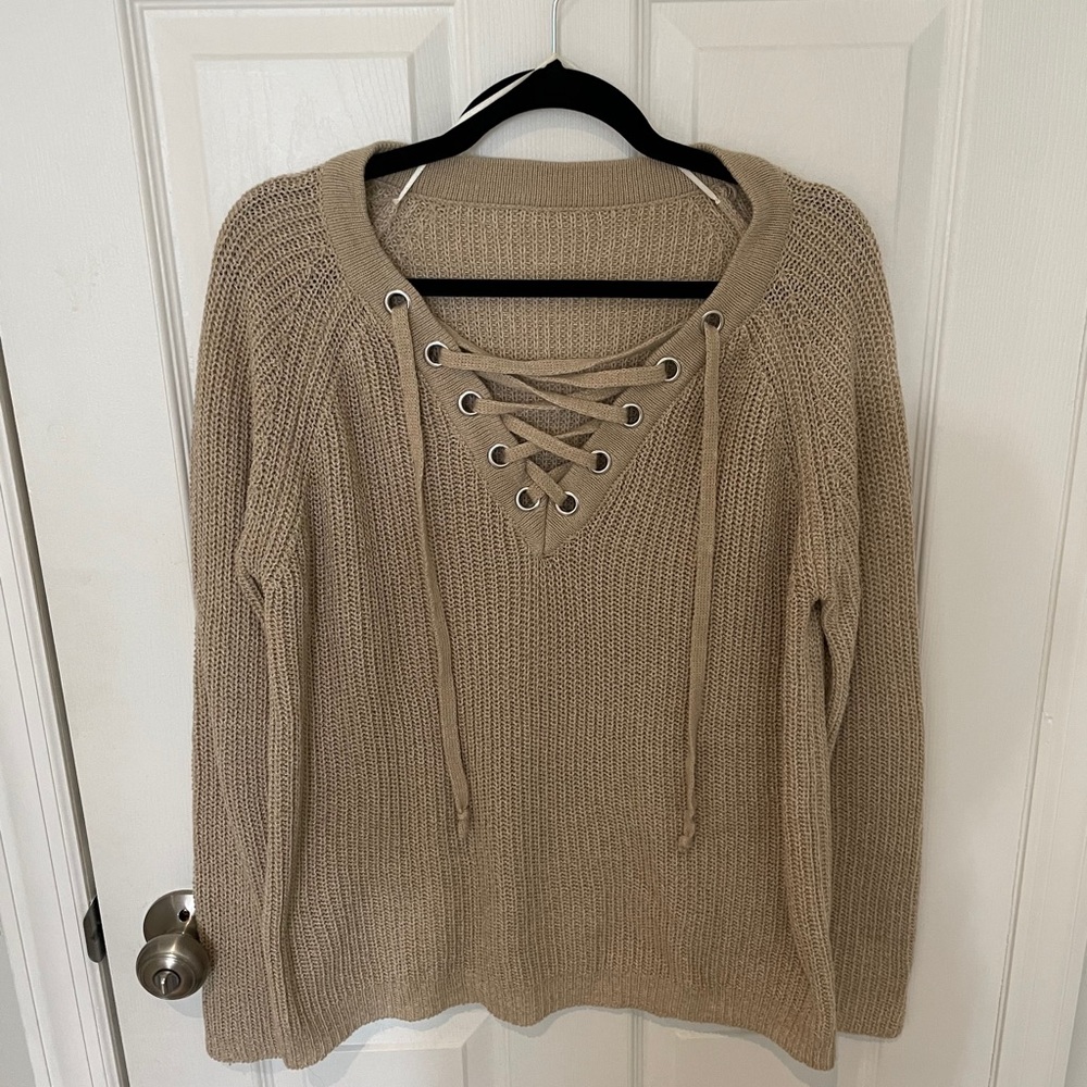 Lace up camel knit sweater L